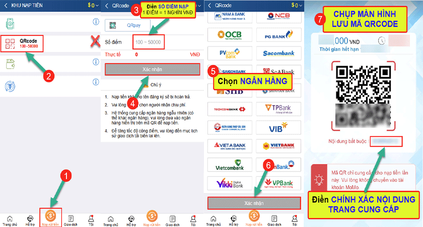 các bước lấy mã QR nạp tiền trên điện thoại